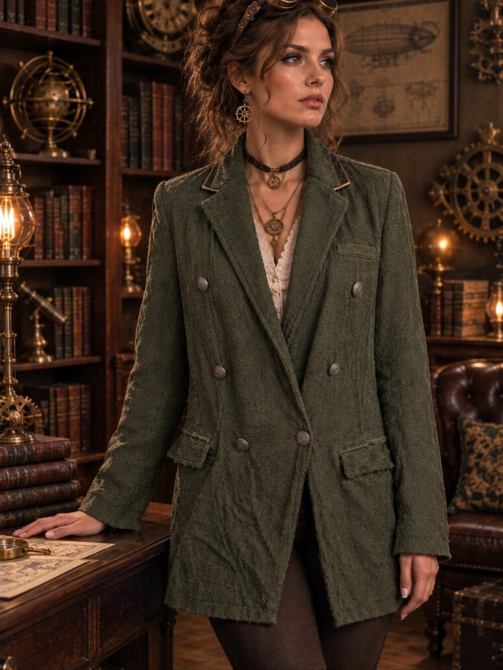 Free People Military Jacket Medium Button Front Textured Steampunk Green